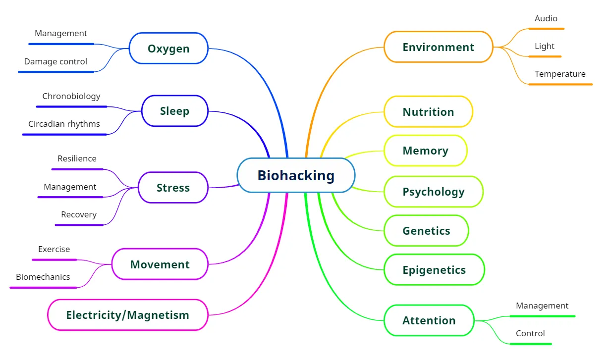 Colour-coded biohacking mind map branching from a central node into areas including oxygen, sleep, stress, movement, electricity and magnetism, environment, nutrition, memory, psychology, genetics, epigenetics and attention, with further sub-topics on several of the branches.