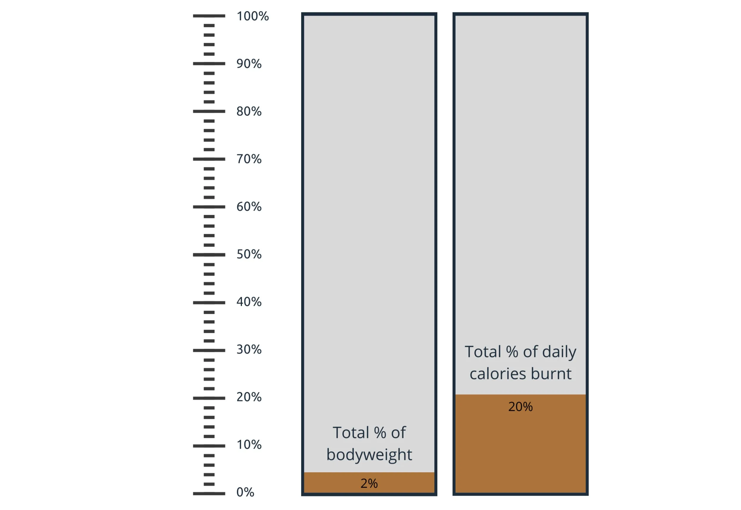 Bar chart comparing two figures for the human brain: it makes up about 2% of total bodyweight yet accounts for around 20% of daily calories burnt.