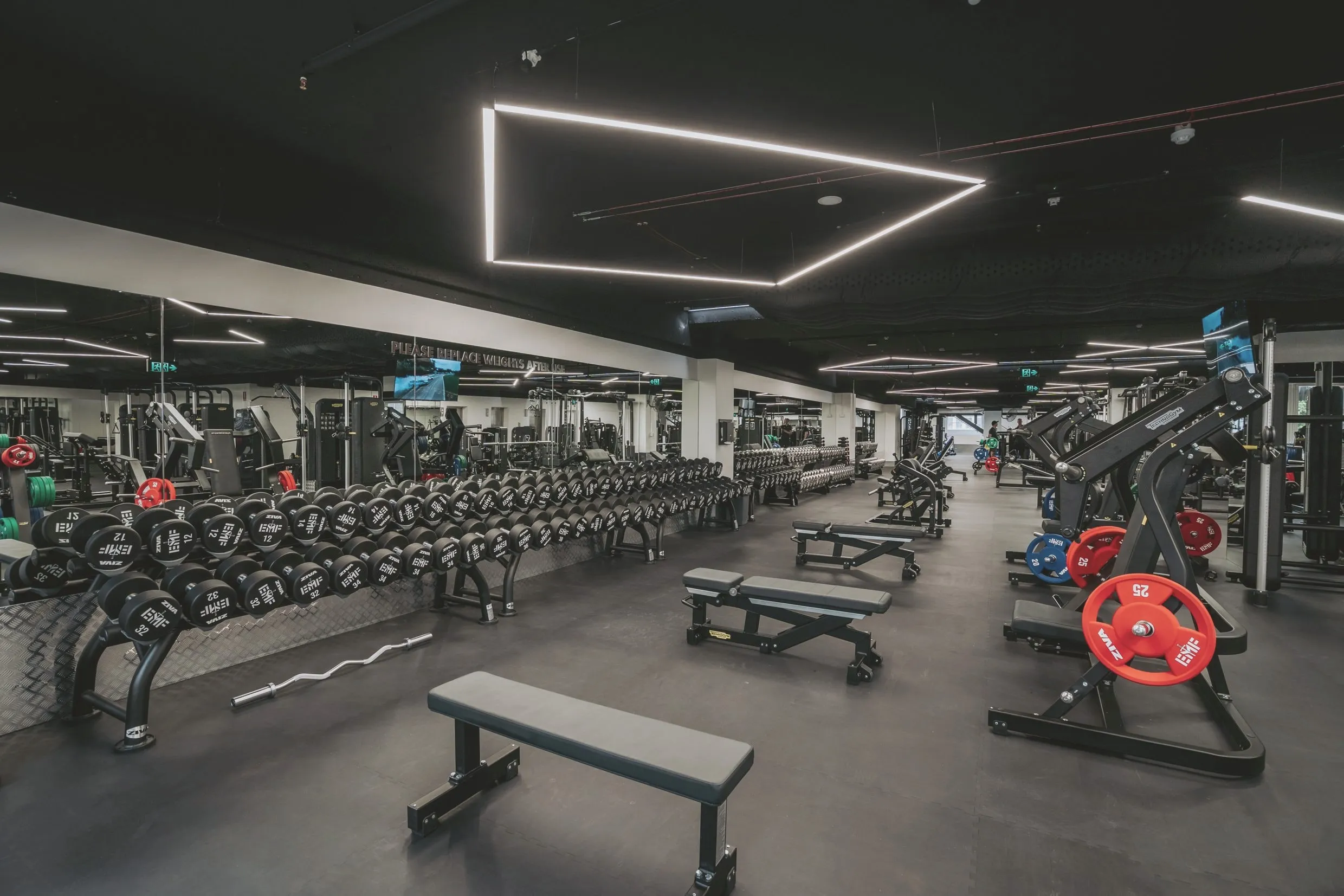 The dumbbell floor: long rows of round-head dumbbells from 12 to 36 kilograms, flat and adjustable benches, and plate-loaded machines along the mirrors.