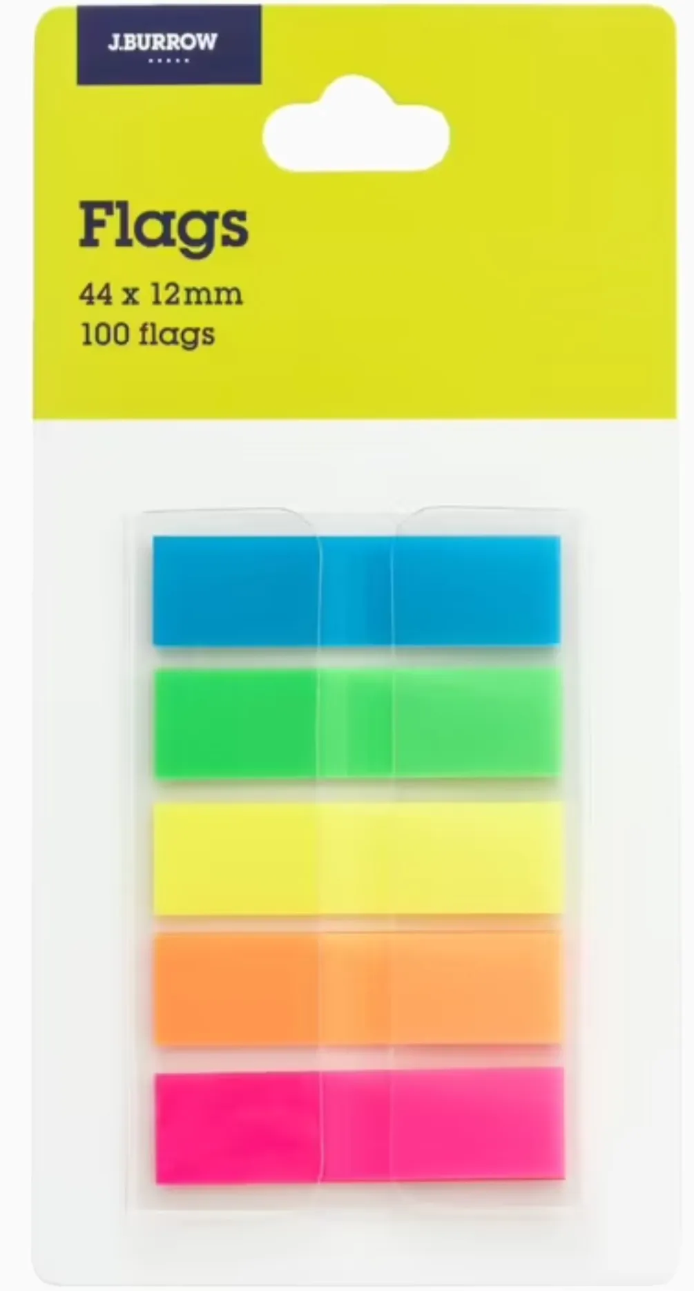 Retail pack of J.Burrow page flags, 44 by 12mm, 100 flags, showing five stacked rows of coloured tabs — blue, green, yellow, orange and pink — the five colours used for the SINCH method.