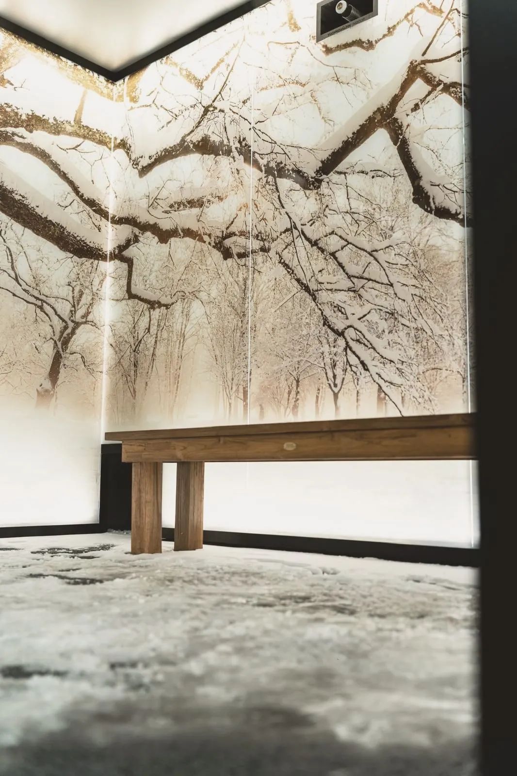 Floor level in the snow room: real snow banked across the floor, a timber bench, and the backlit winter-forest mural beyond.