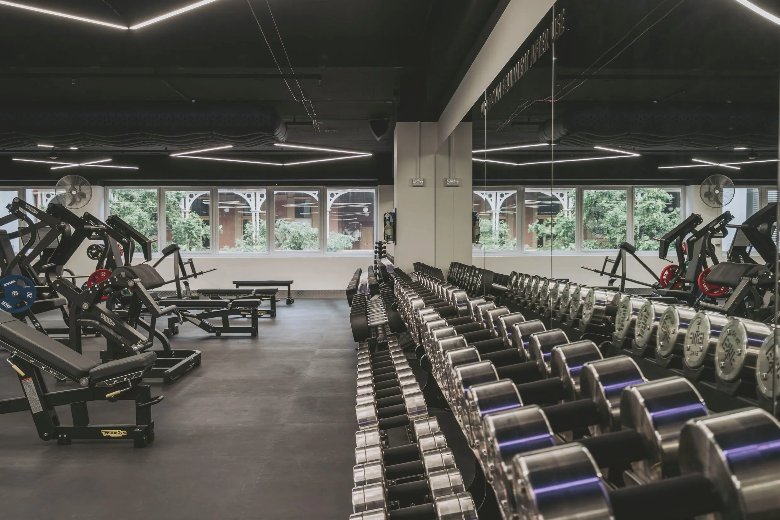 Plate-loaded leg machines and a row of chrome dumbbells beside windows framing the white iron lacework of a neighbouring heritage verandah.